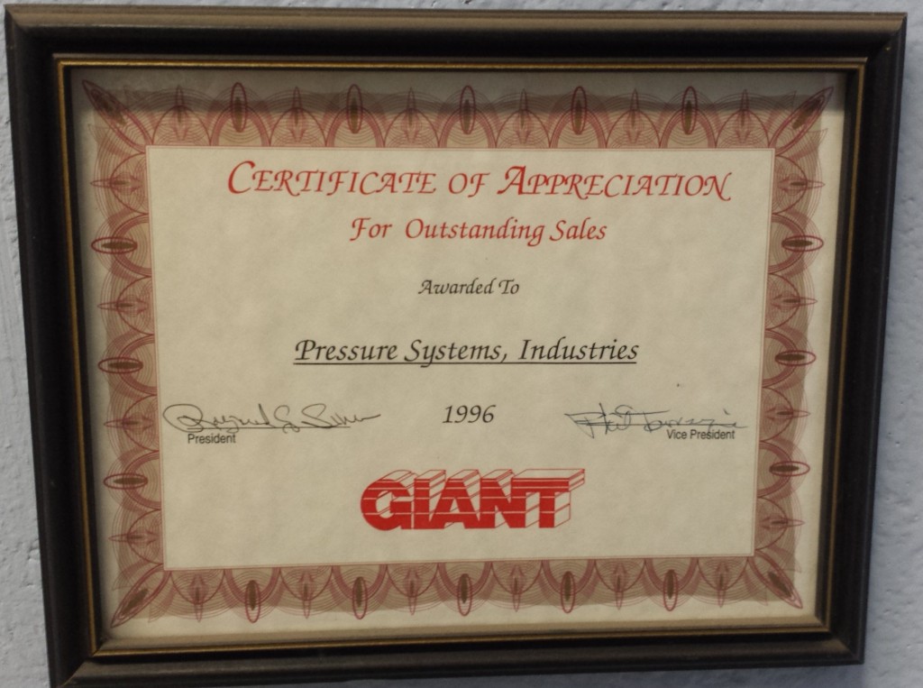 Certificate of outstanding sales 1996 Pressure Systems